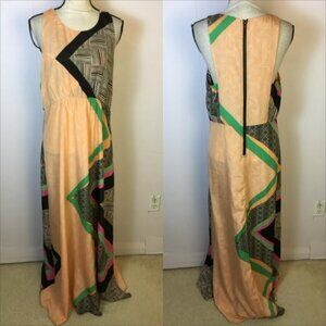 Bar III Maxi Dress Size XL Womans Orange Black Geometric Sleeveless Semi-Sheer